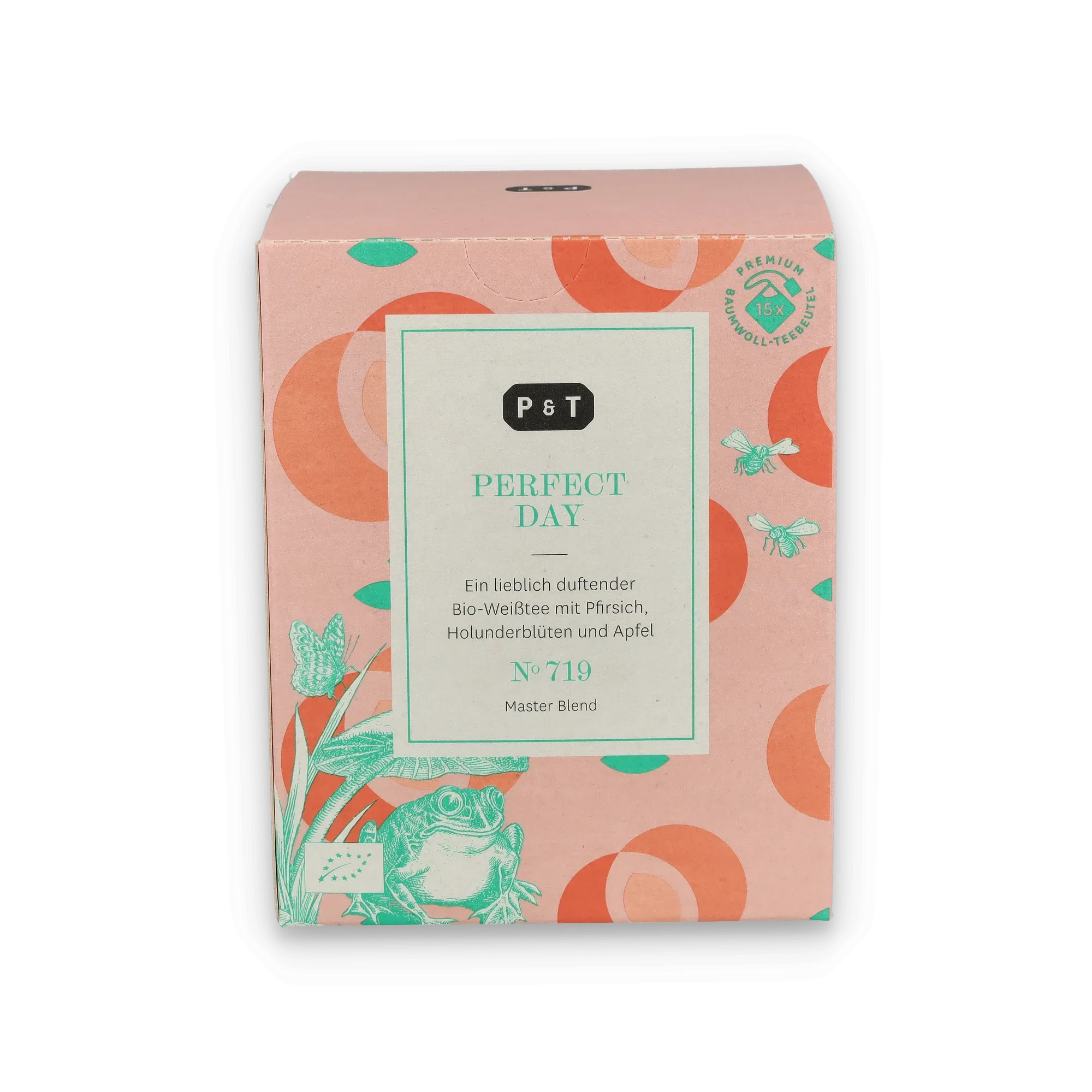 Pastellrosafarbene Teebox mit Bio-Weißtee, Pfirsich, Holunderblüten und Apfeldekor.