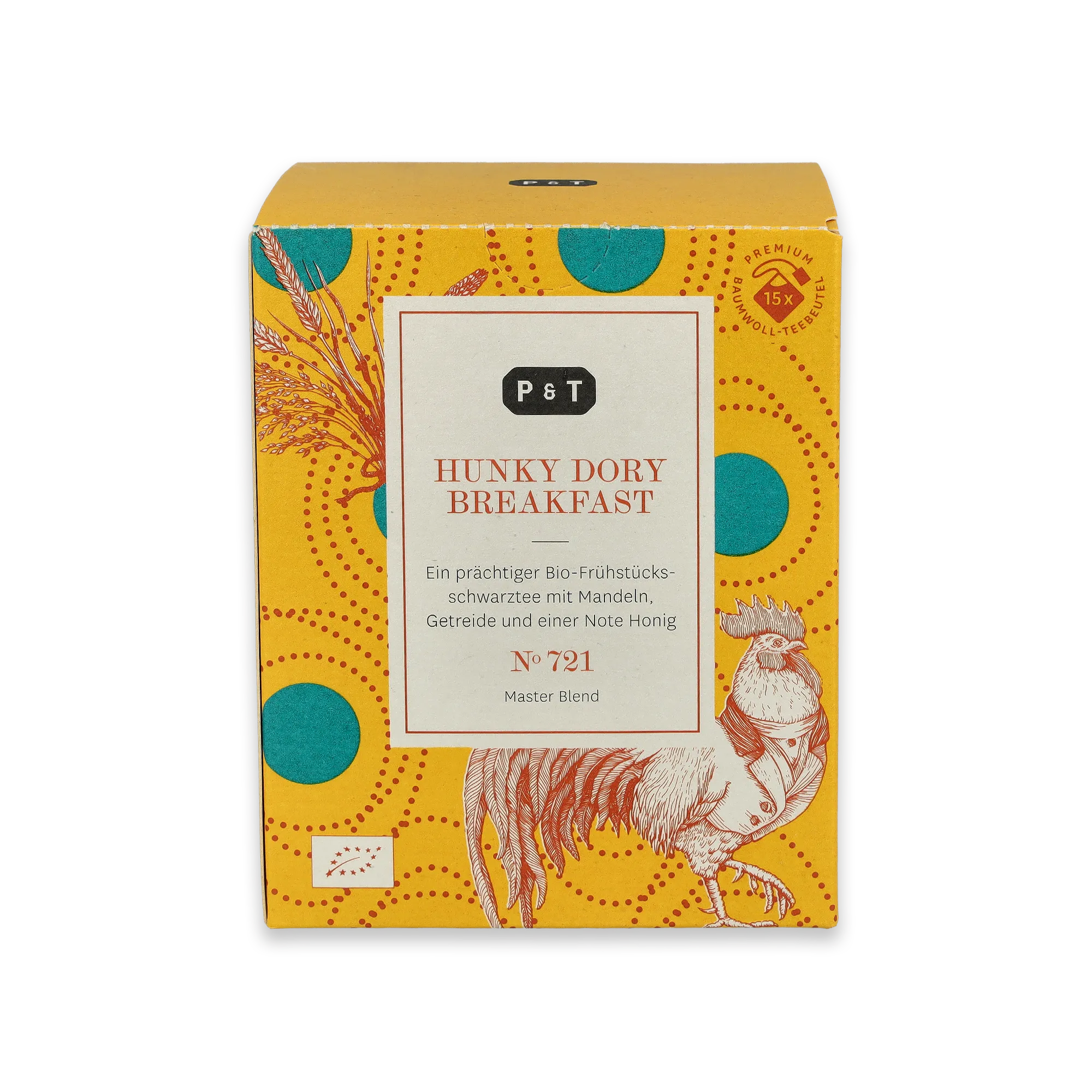 Gelbe Verpackung von P & T HUNKY DORY BREAKFAST, Bio-Frühstücksschwarztee mit Mandeln und Honignote