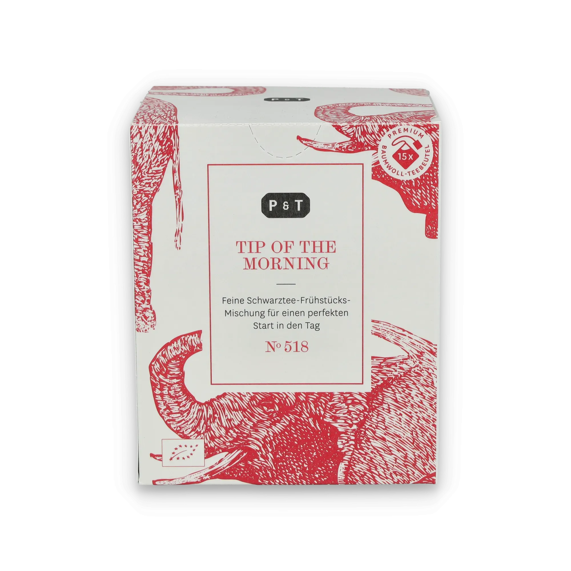 Weiße Teebox mit roten Elefanten und schwarzem Frühstückstee "Tip of the Morning," 15 Baumwollbeutel.