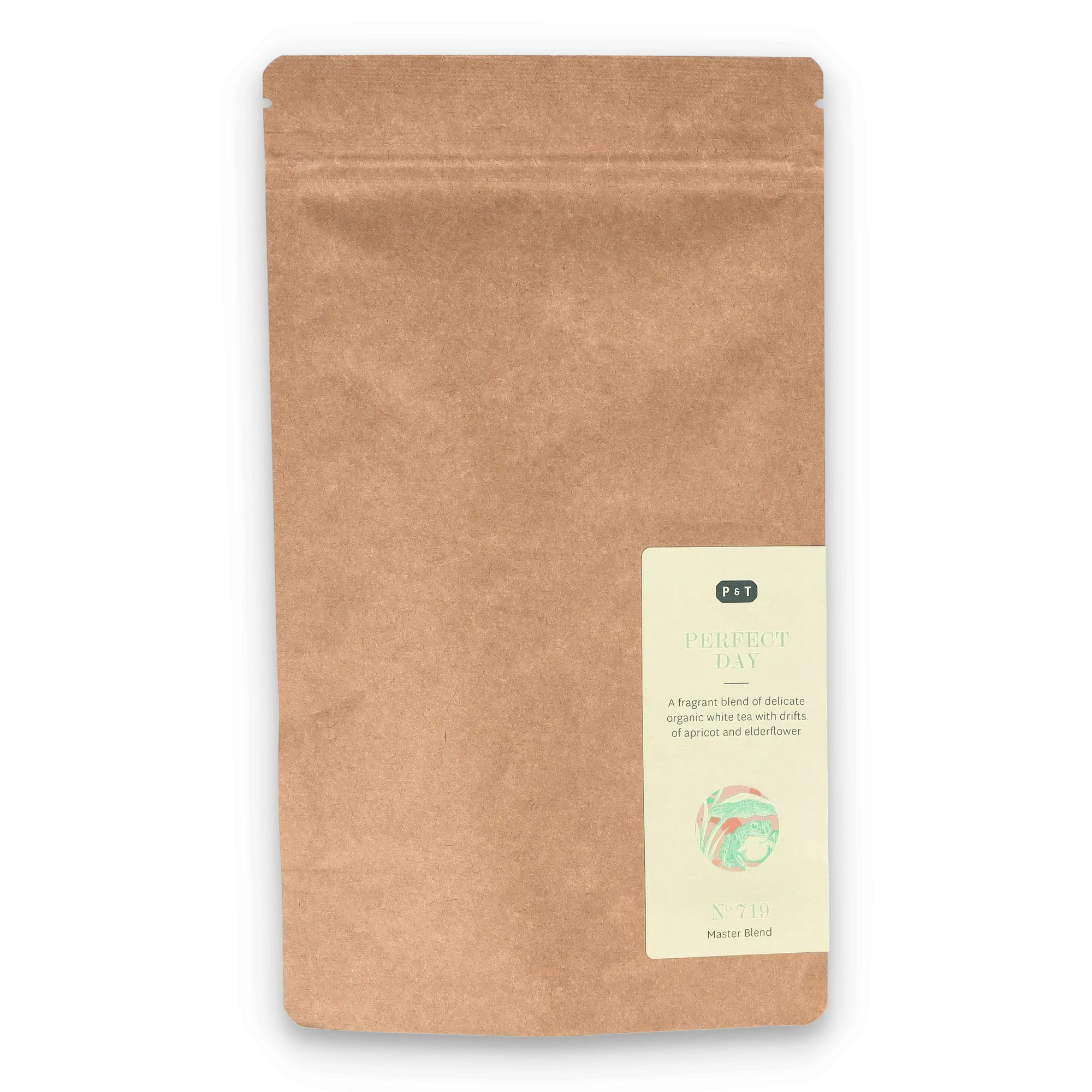 Brauner Kraftpapierbeutel mit Etikett: Bio-White Tea 'PERFECT DAY' Aprikose und Holunderblüte