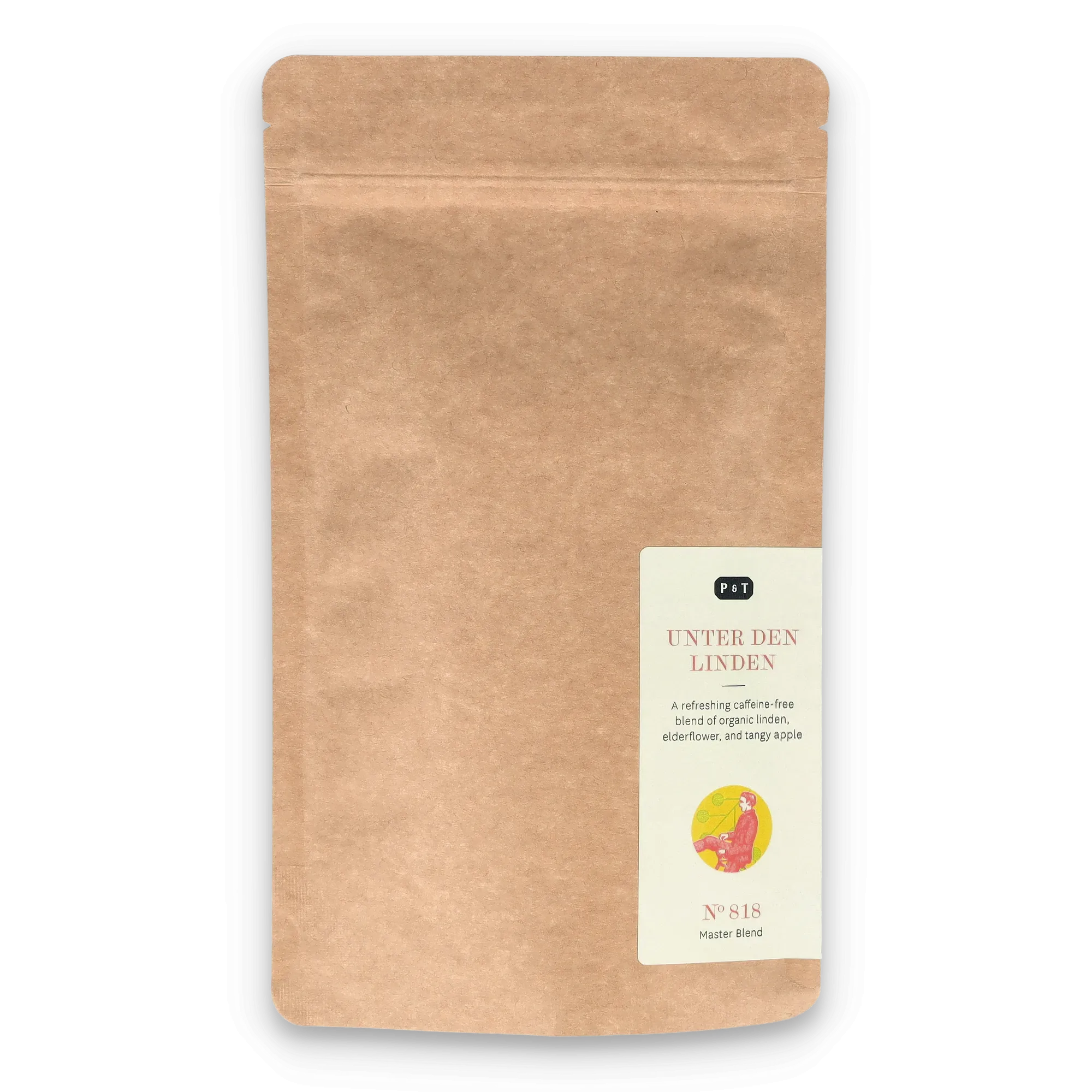 Braune Kraftpapier-Verpackung mit weißem Etikett, koffeinfreier Bio-Tee, P & T Unter den Linden.