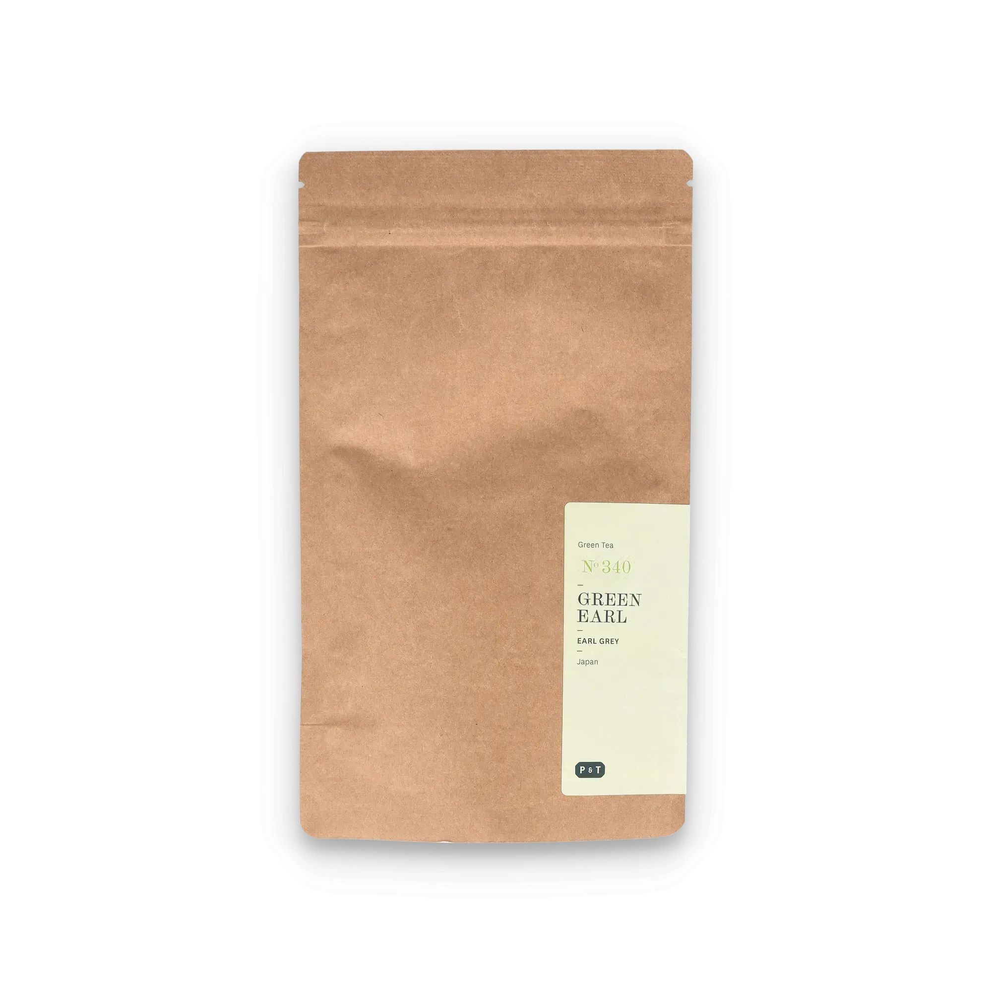 Braune Kraftpapier-Tüte mit weißem Etikett für Grünen Earl Grey Tee No 340 von P & T, Japanisch.