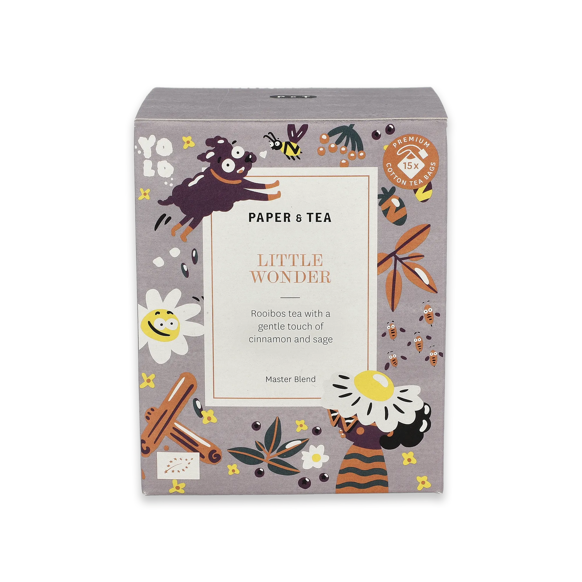 Vorderansicht der Teeverpackung 'LITTLE WONDER' von PAPER & TEA mit Illustrationen von Hund, Bienen, Zimt.