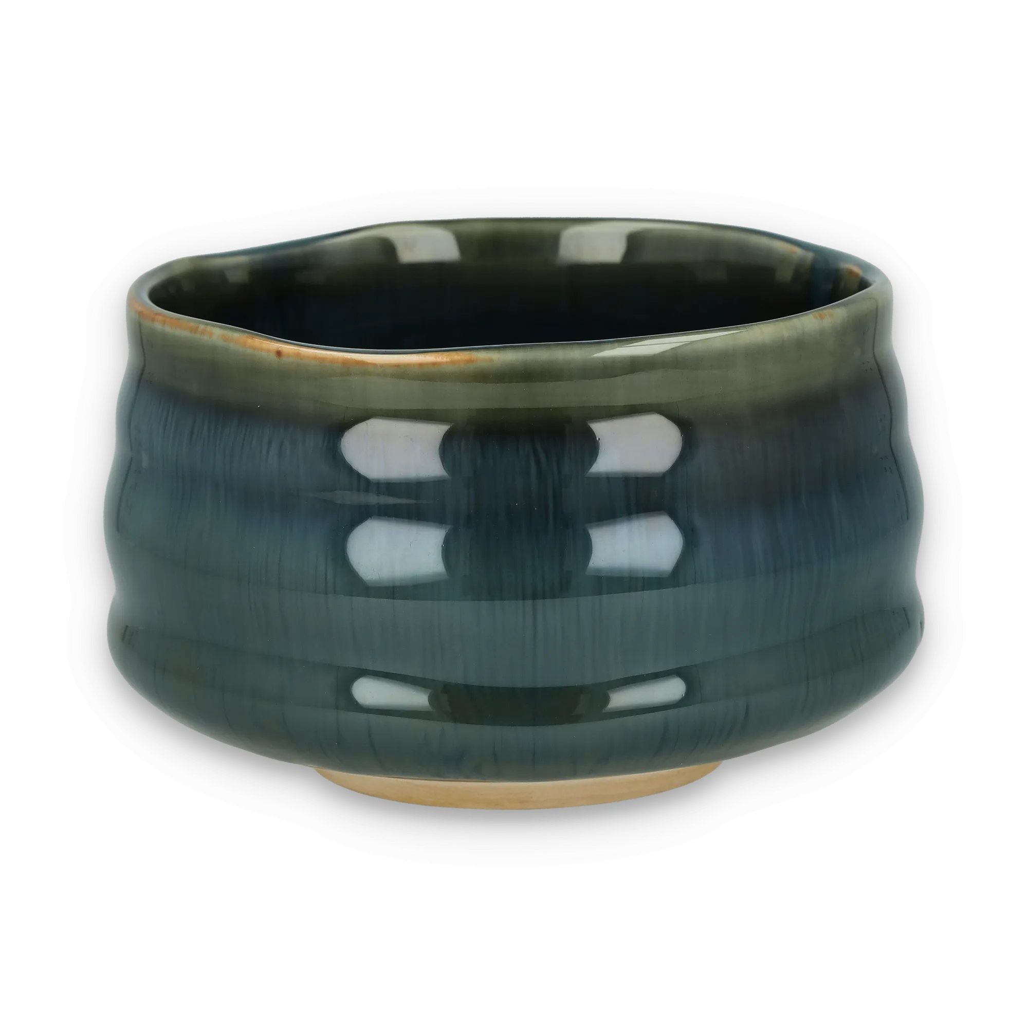 Keramikschale mit rundem Design, grün-blauem Farbverlauf auf beigem, unglasiertem Boden