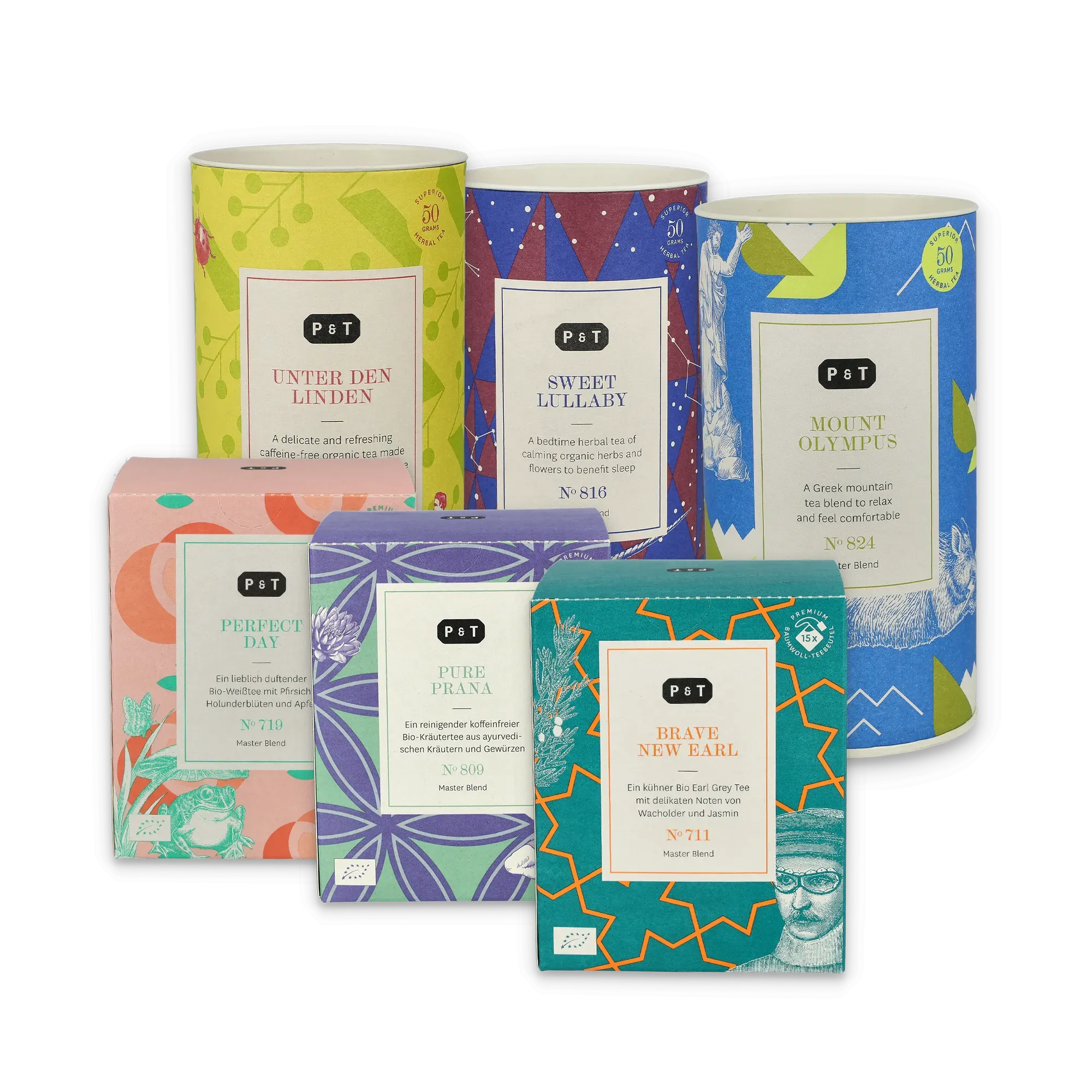 Sechs bunte Teeverpackungen von P & T mit kunstvollen Designs, einschließlich Bio-Kräutertees.