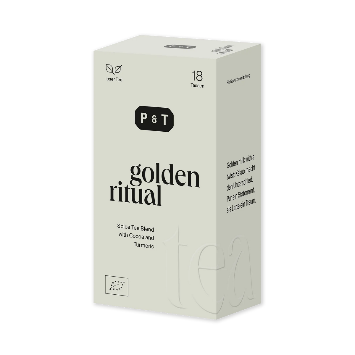 Minimalistische graue Verpackung von P&T Golden Ritual Gewürztee mit Kakao und Kurkuma, für 18 Tassen.