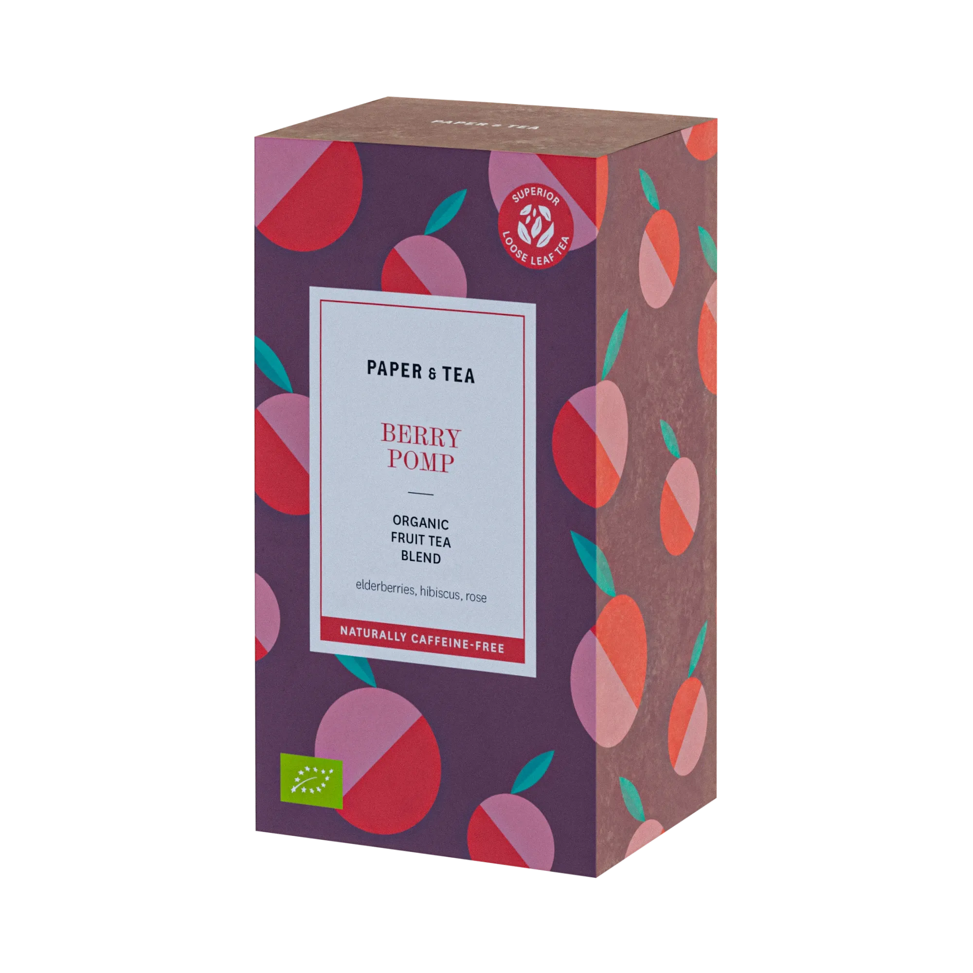Violettes Teepack mit roten Fruchtillustrationen, Berry Pomp Bio-Früchtetee von Paper & Tea.