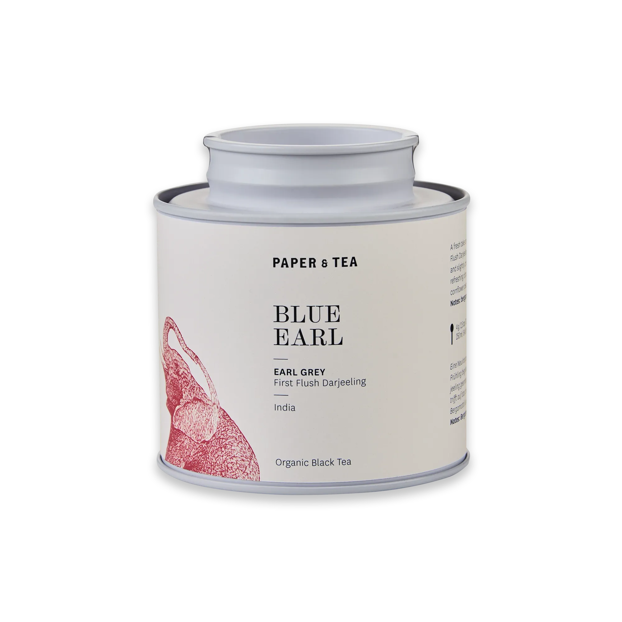 Zylindrische Papierverpackung für Earl Grey Tee mit Bio-Schwarztee aus Indien.