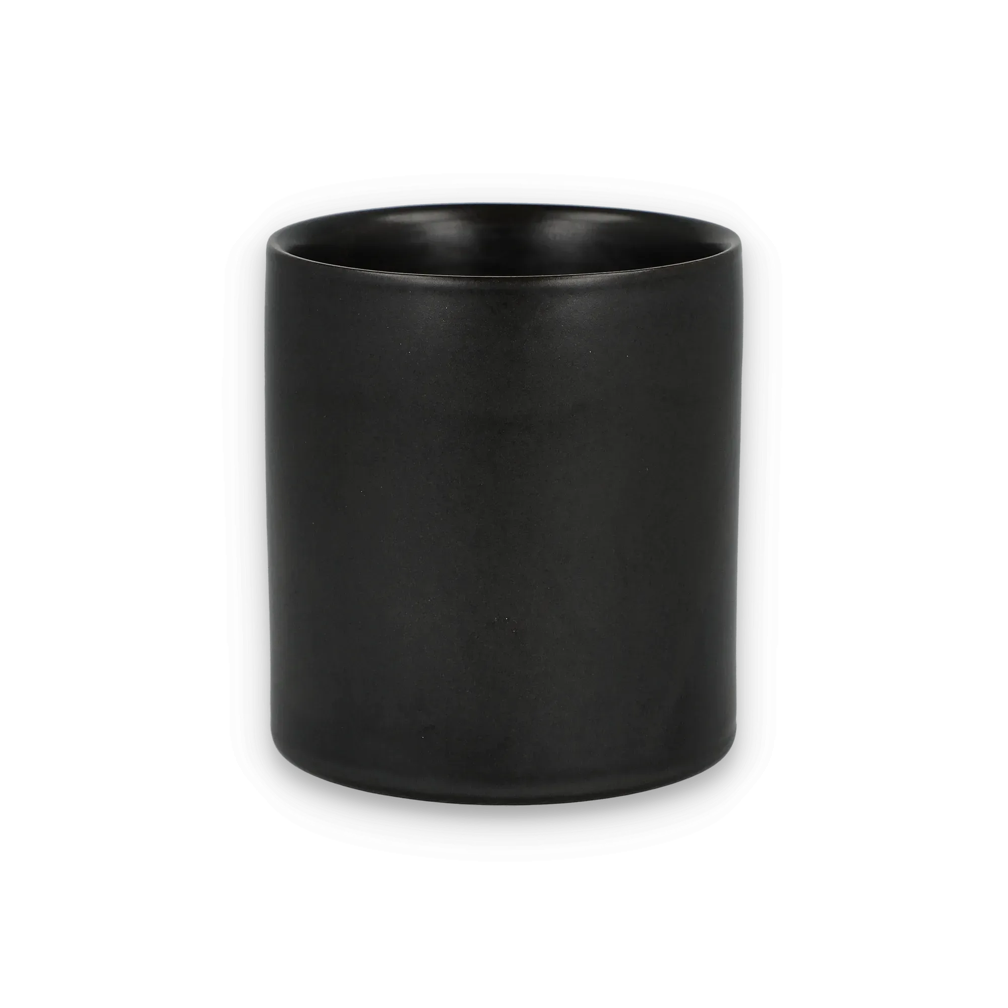 Schwarzer, matter Zylinderbecher mit abgerundetem Rand, minimalistisches Design
