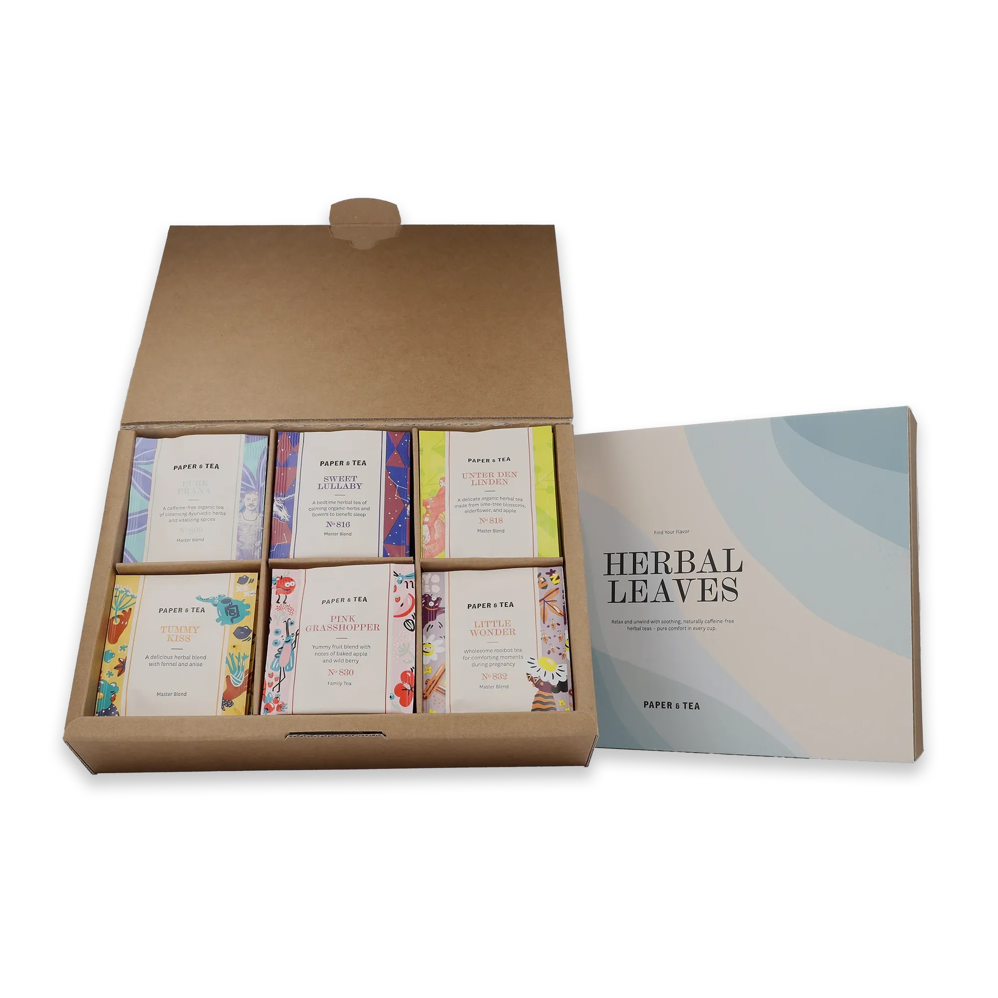 Braune Schachtel mit sechs bunten, organischen Kräutertee-Packungen und Infos zur Herbal Leaves Kollektion.