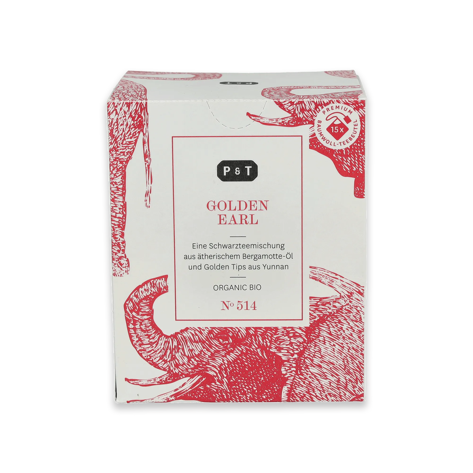 Weiße Teebox mit roten Elefanten, enthält GOLDEN EARL organischen Schwarztee mit Bergamotteöl.