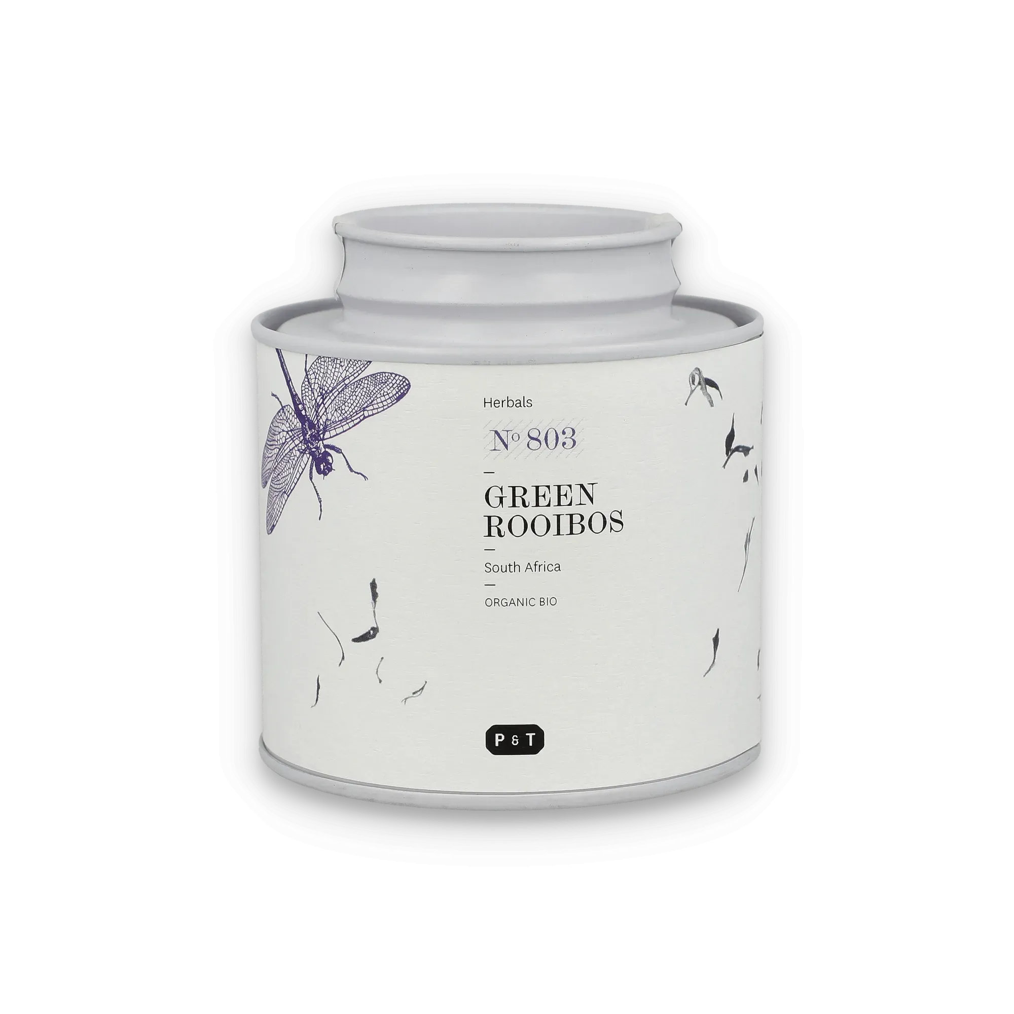 Zylinderförmige Verpackung von Bio-GREEN ROOIBOS Kräutertee aus Südafrika, dekoriert mit Libelle und Blättern.