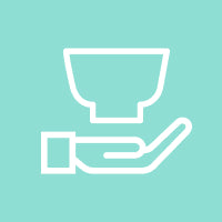 Weißes Icon einer Hand mit Schale vor türkisfarbenem Hintergrund, symbolisiert Angebot und Achtsamkeit.