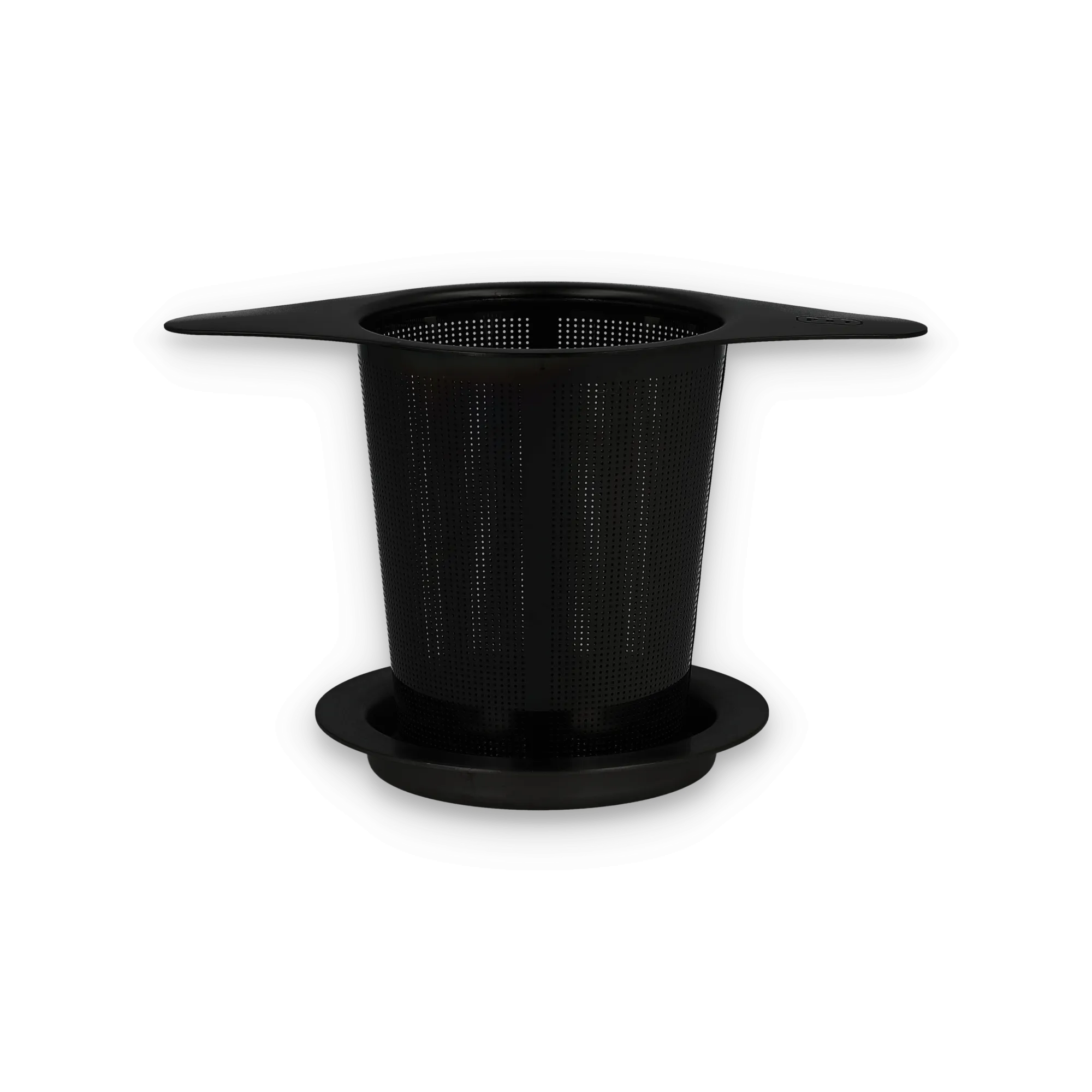 Schwarzer zylindrischer Kaffeefilter mit feinem Sieb und breitem, flachem Rand.