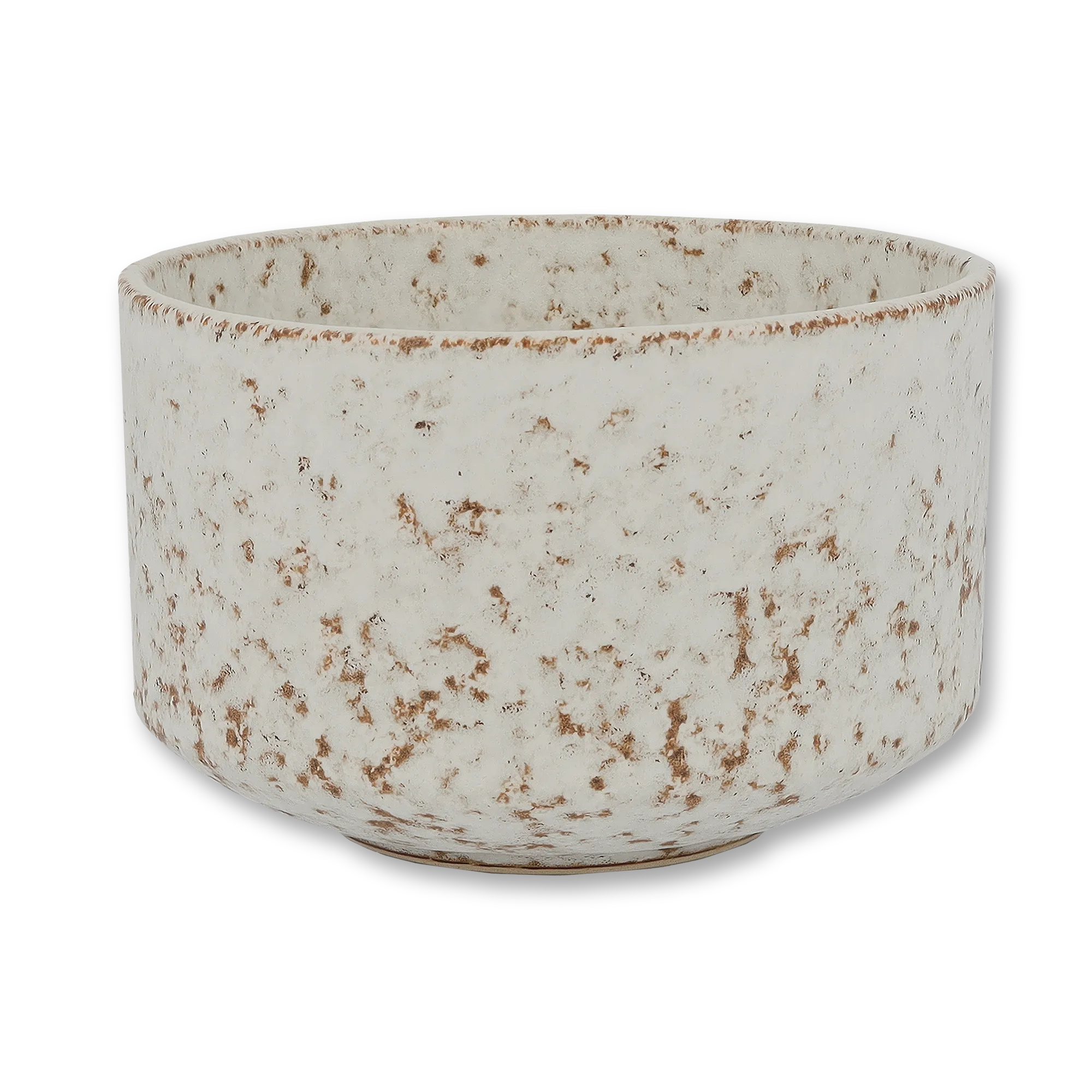 Runde, rustikale Keramikschale mit weiĂź-brauner Sprenkelung auf schwarzem Hintergrund.