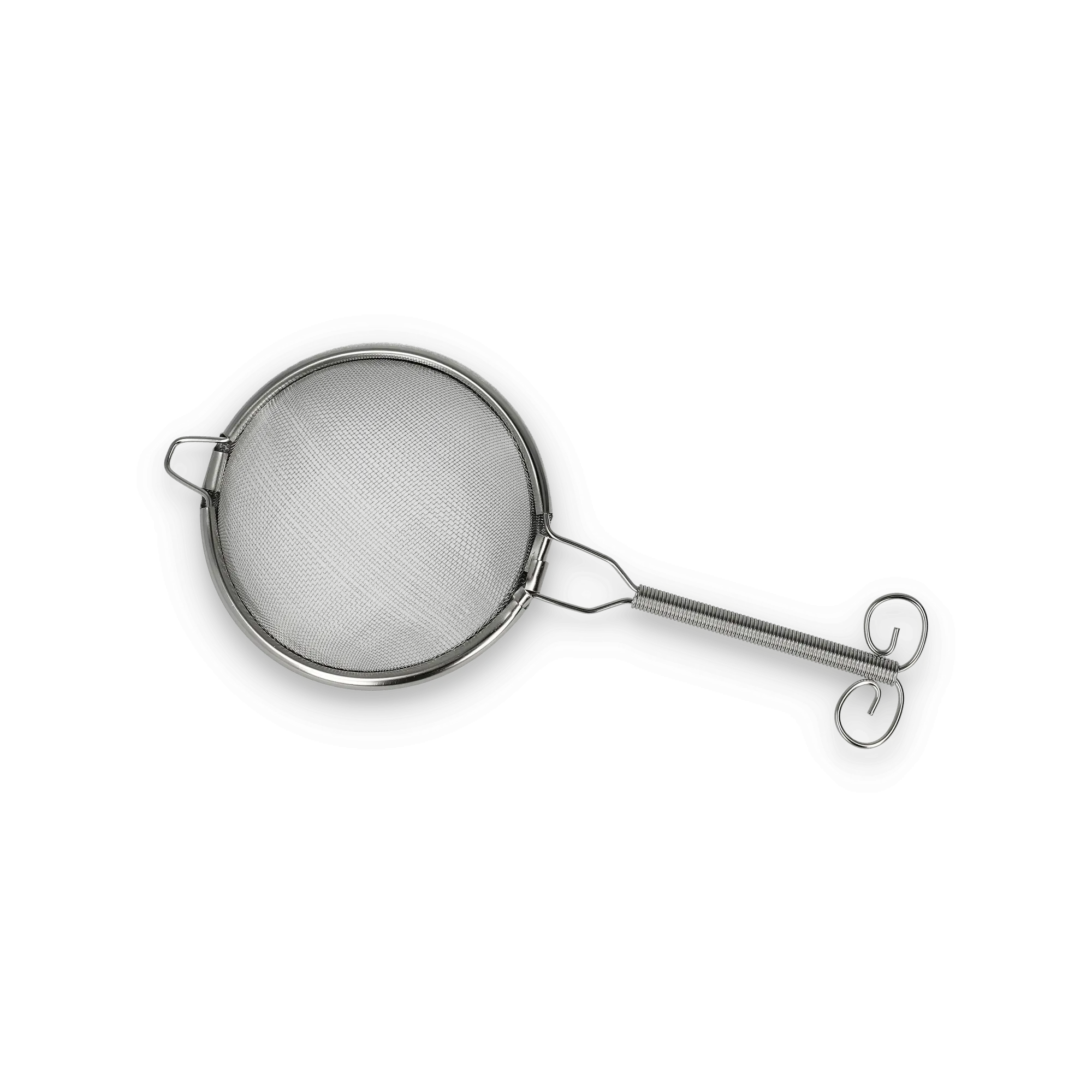 Edelstahl-Teesieb mit rundem feinmaschigem Korb und spiralförmigem Griff.