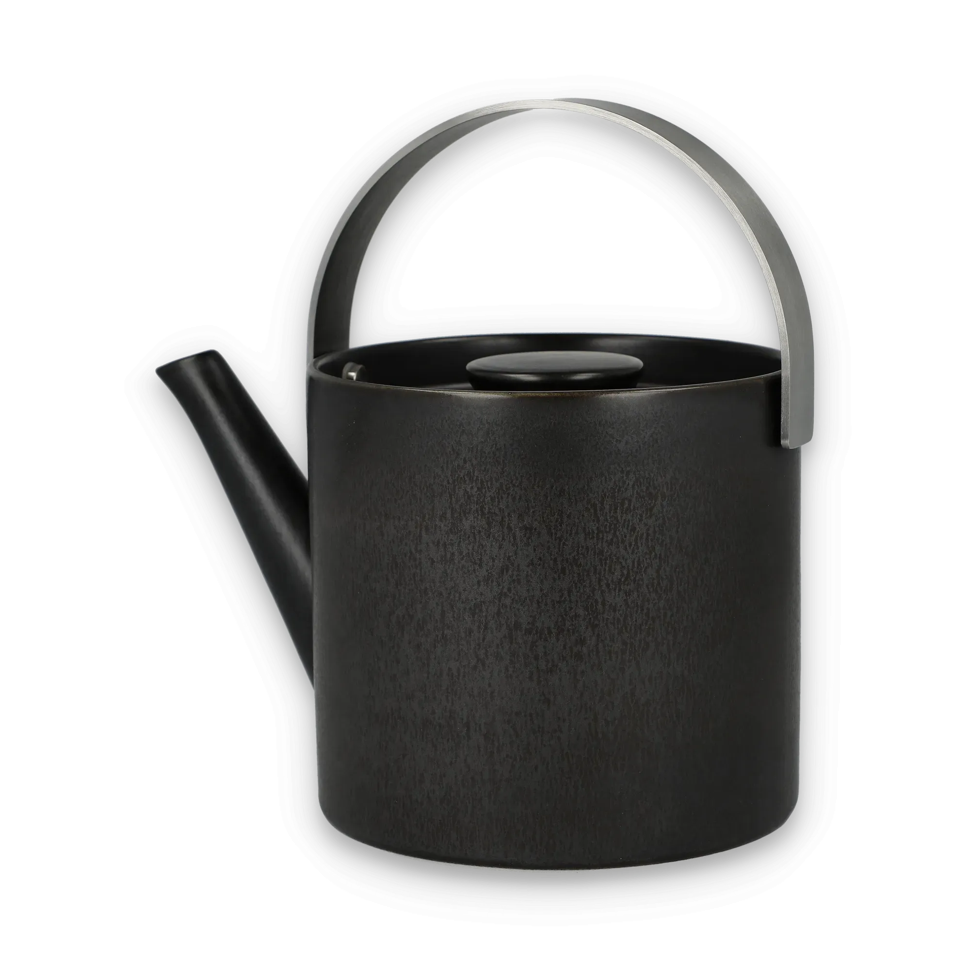 Schwarzer Teekessel mit zylindrischem Körper und gebogenem Griff, ideal für stilvolles Teetrinken.