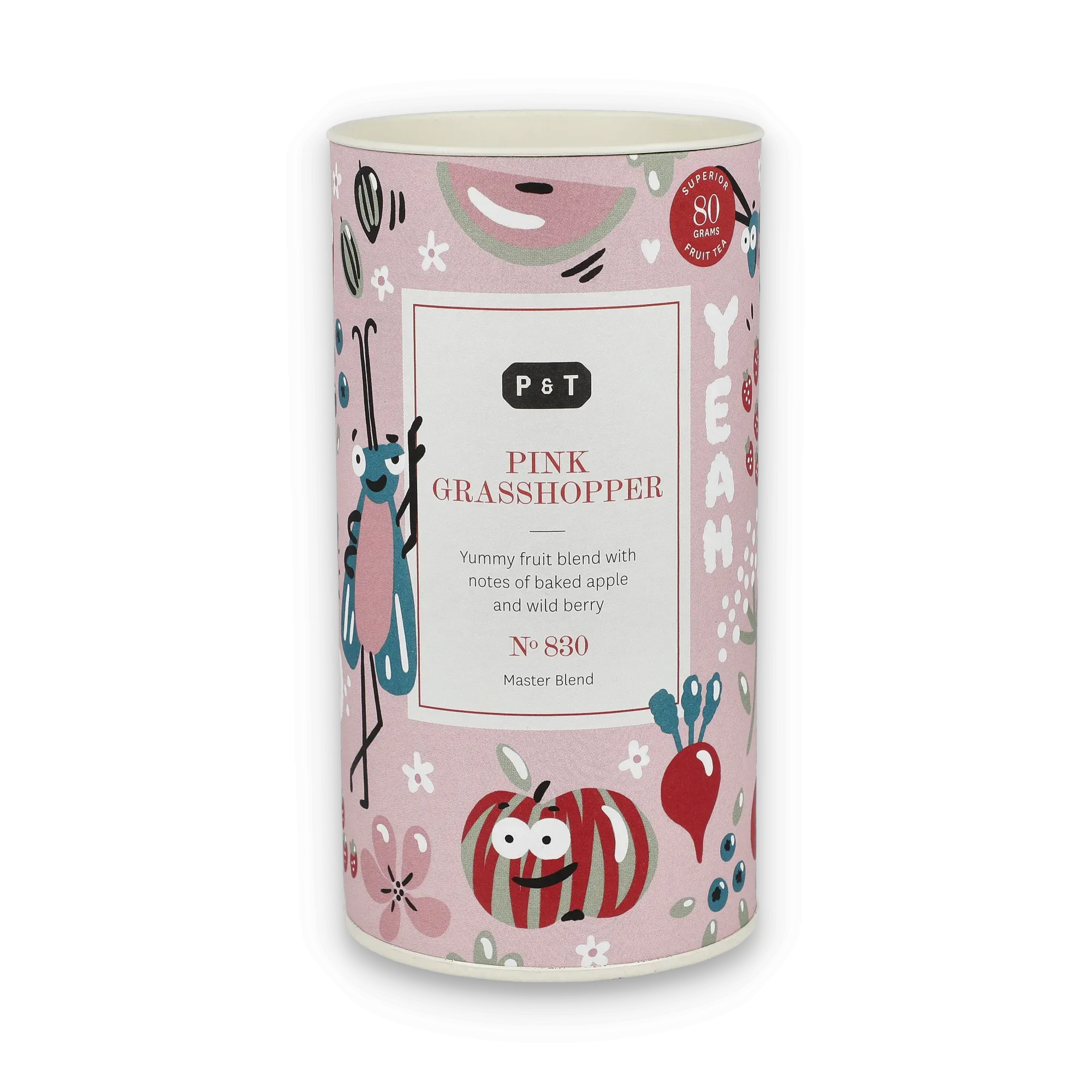 Rosa zylindrische P & T Teeverpackung 'PINK GRASSHOPPER', Apfel- und Wildbeerengeschmack, Cartoon-Grashüpfer.