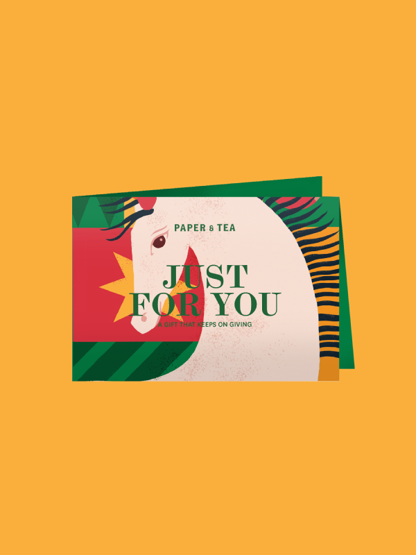 Faltkarte mit Pferdeillustration und 'Just for You'-Schriftzug vor orangefarbenem Hintergrund, Geschenkidee von Paper & Tea
