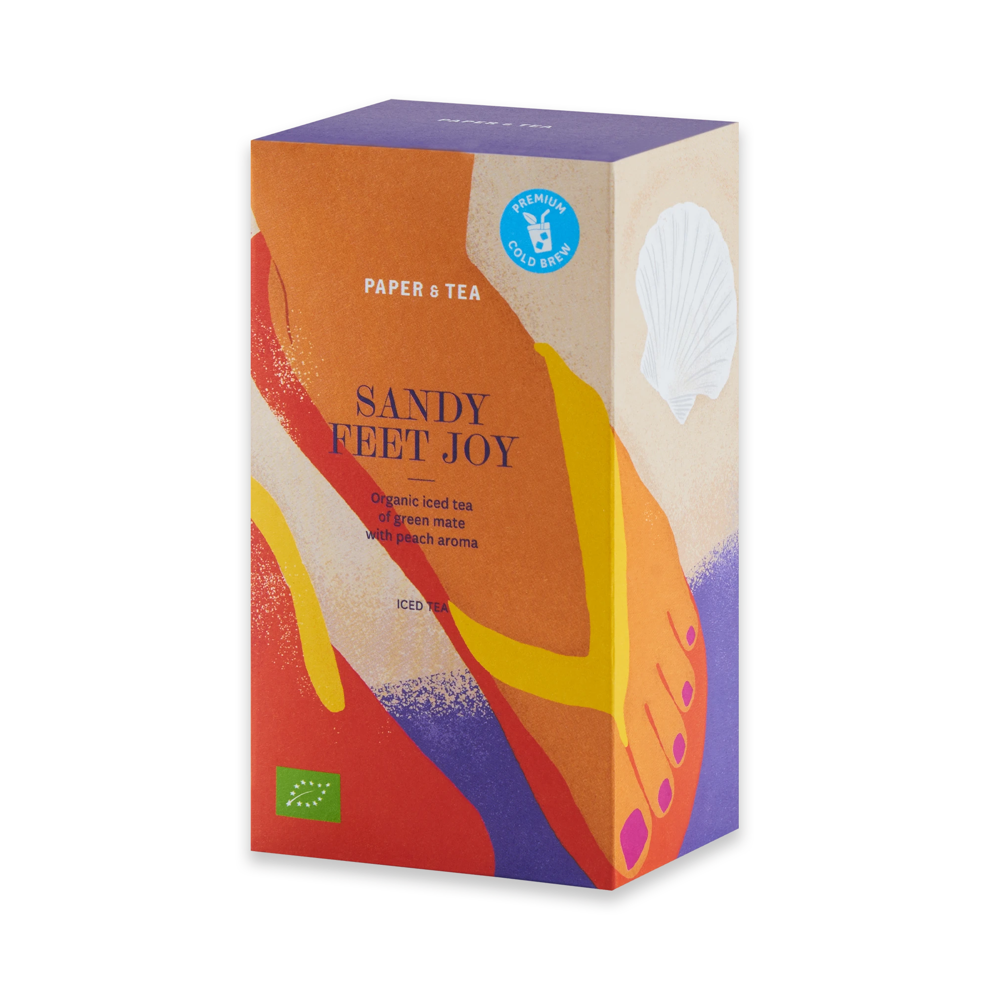 Bunte Tetrapack-Verpackung von P & T Sandy Feet Joy Bio-Eistee mit grünem Mate und Pfirsicharoma.