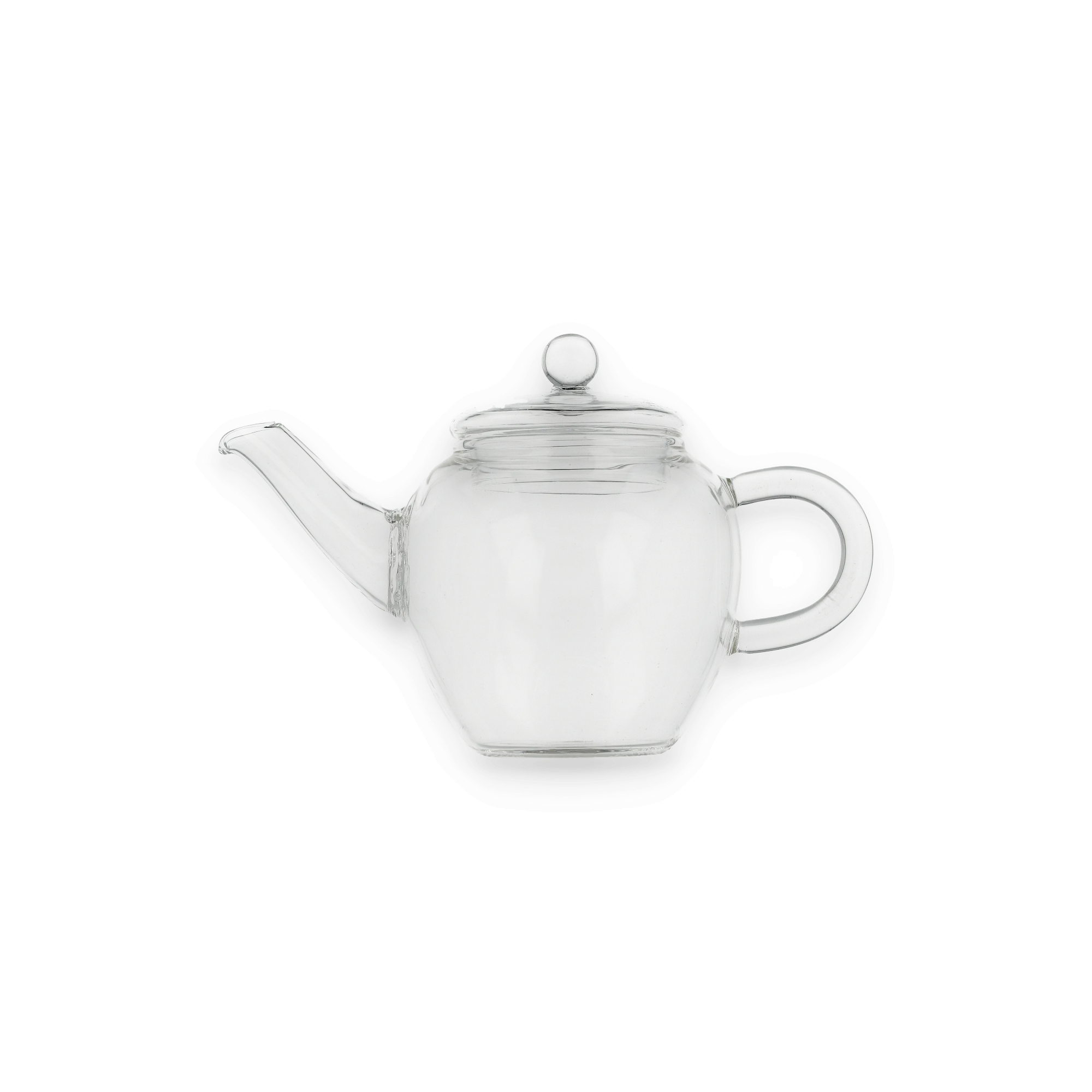 Runder Glas-Teekessel mit gebogenem Ausguss und rundem Griff vor schwarzem Hintergrund.