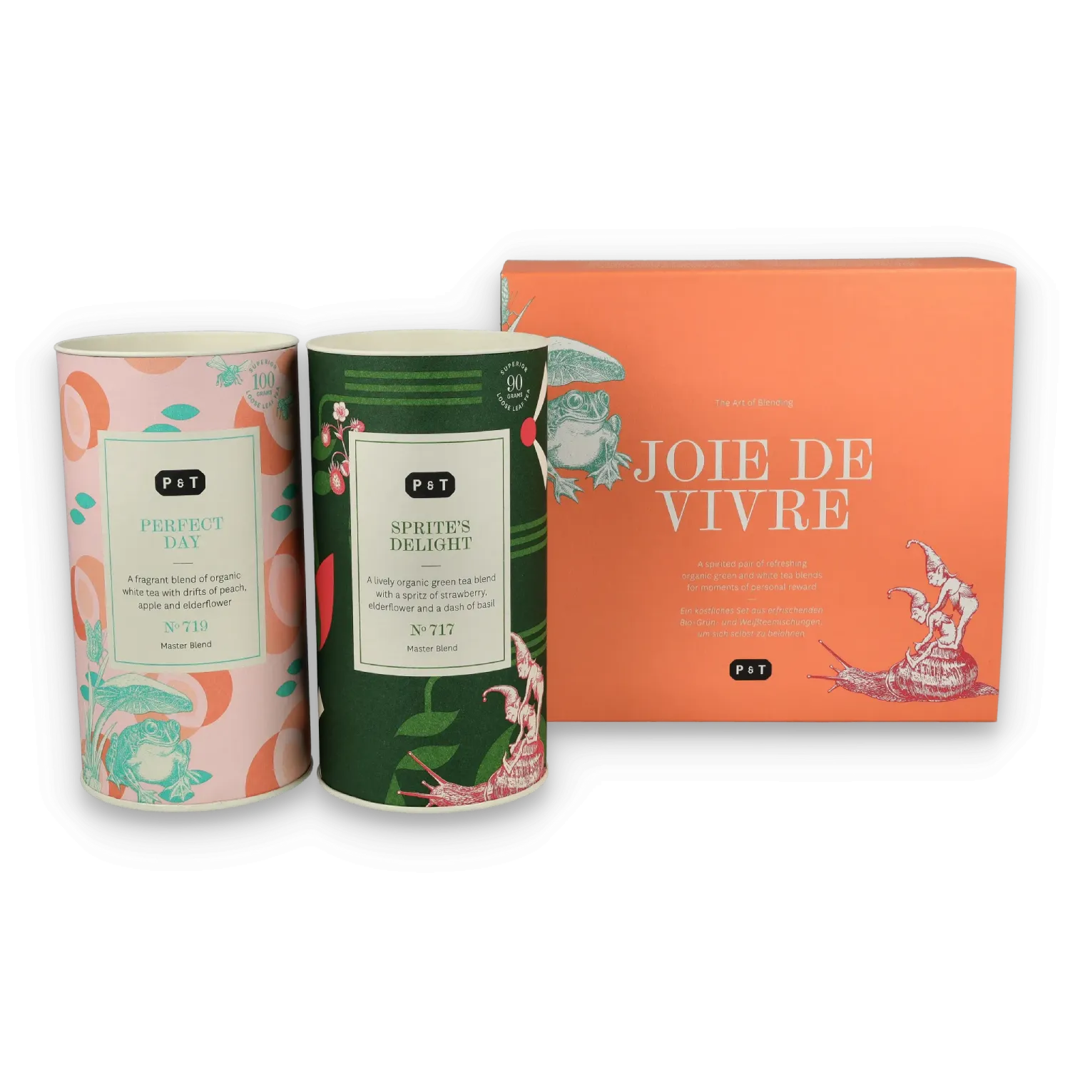 Set aus zwei Bio-Teedosen, weißer Tee Perfect Day und grüner Tee Sprite's Delight, neben orangefarbener Geschenkbox Joie de Vivre.