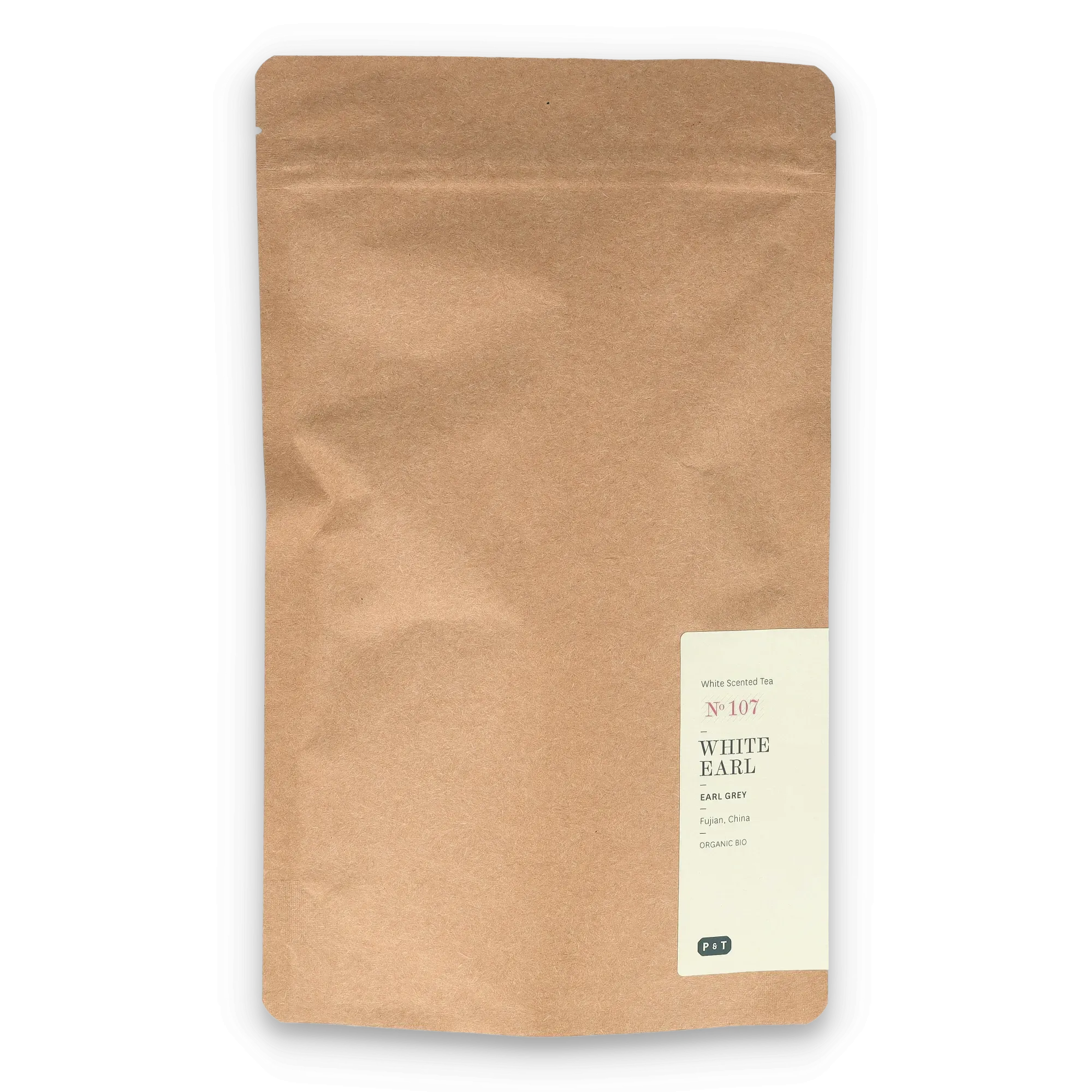 Braune Papiertüte mit weißem Etikett, Bio-Teemischung White Earl Grey aus Fujian, China, Nr. 107.