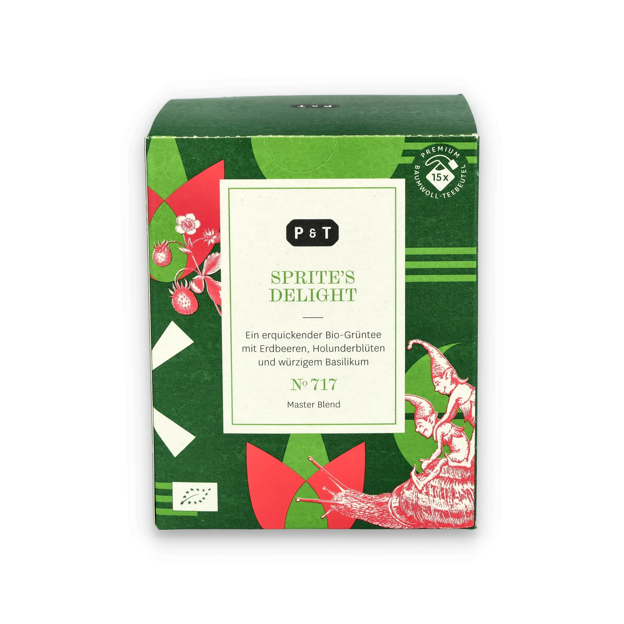 Grüne Teebox 'SPRITE'S DELIGHT' von P & T mit Bio-Grüntee, Erdbeeren, Basilikum, roten Elfen und Erdbeerillustrationen.