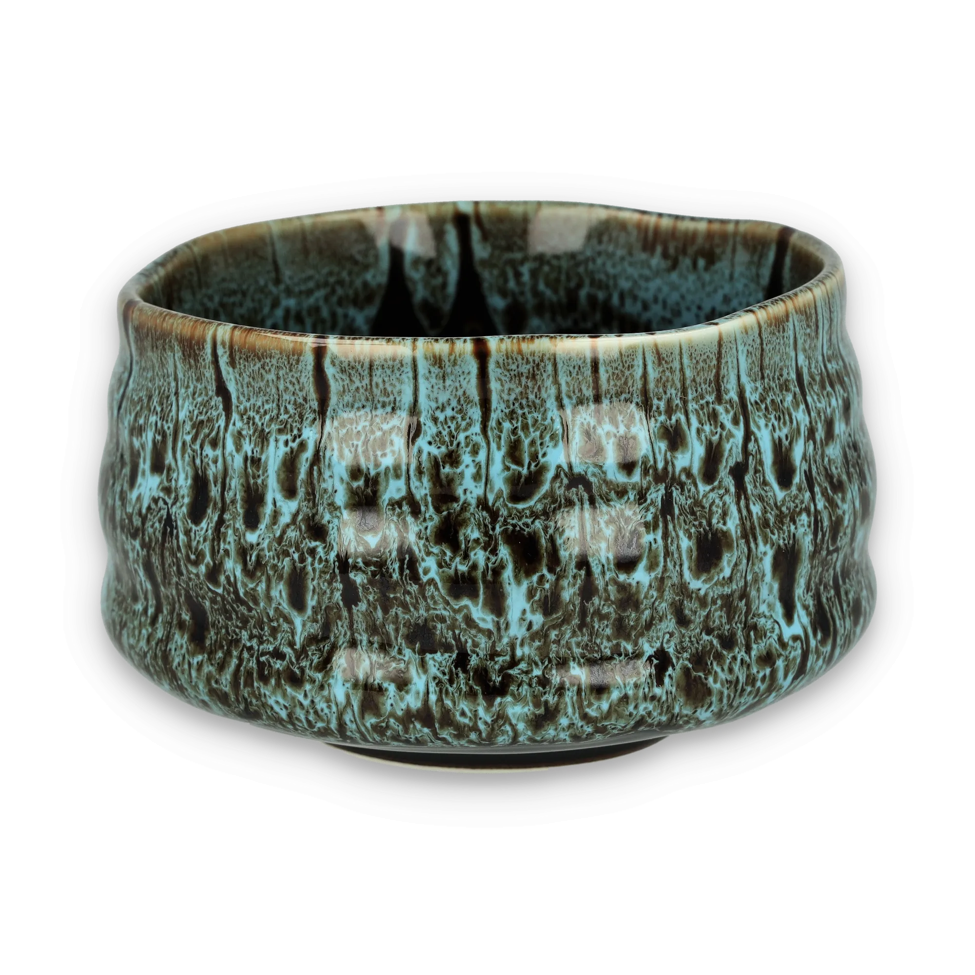 Glänzende Keramikschale mit marmorierter türkis-dunkelbrauner Glasur
