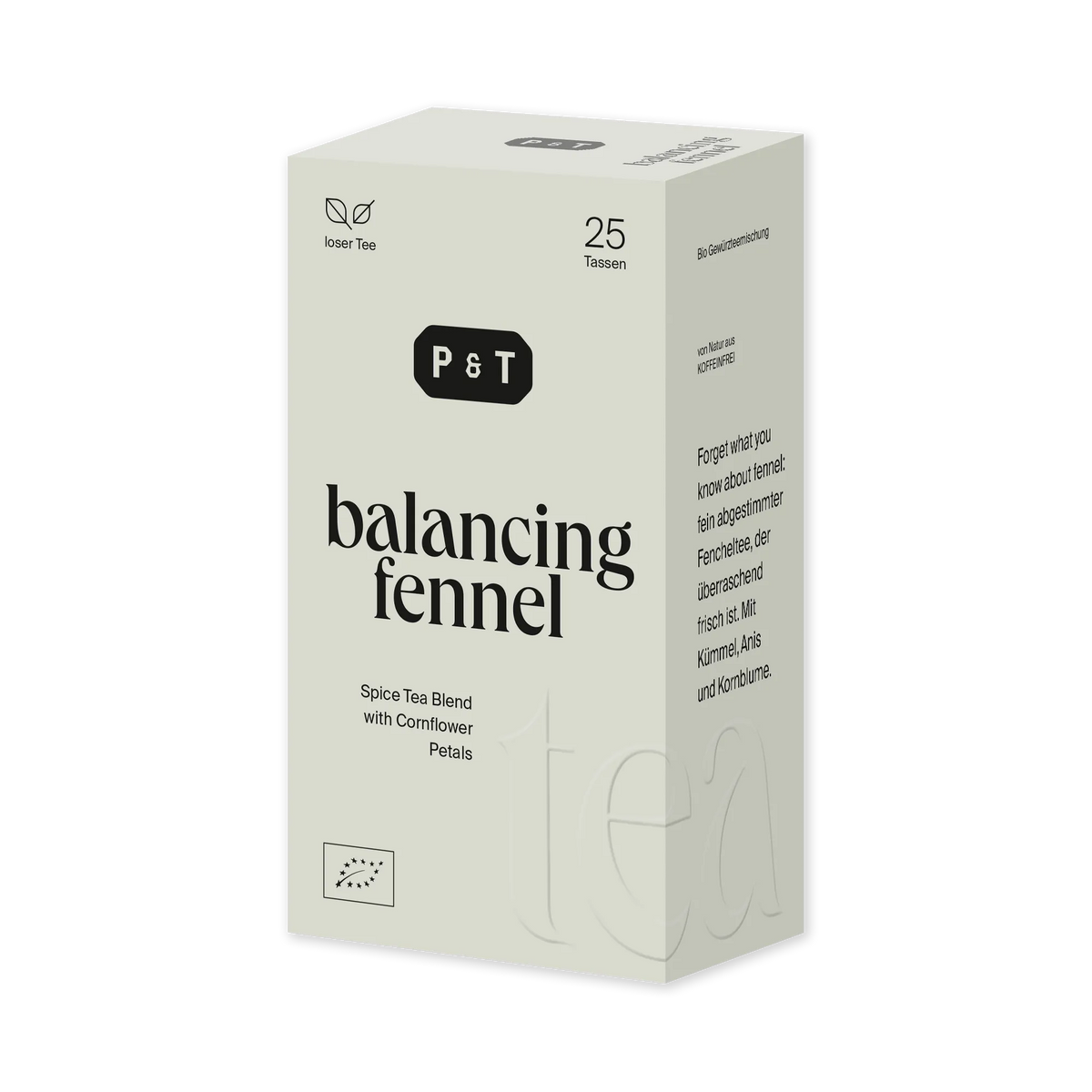 Minimalistische beige Teebox von P&T mit Balance Fenchel Gewürztee, koffeinfrei und bio.