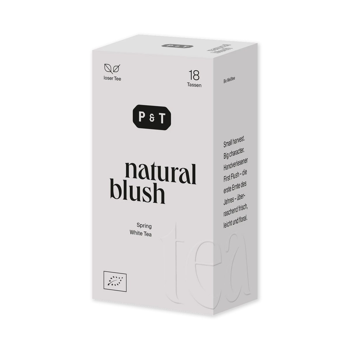 Elegante Verpackung von P&T natural blush Bio Weißtee, erster Frühlingsernte mit floralem Geschmack.
