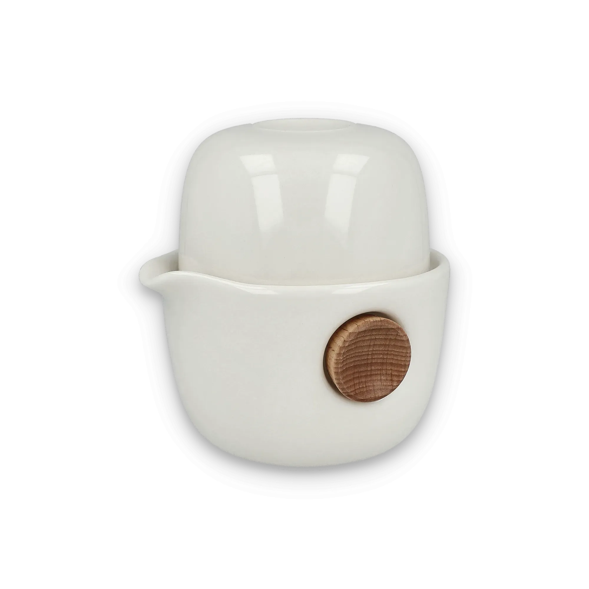 Weiße Keramik-Butterdose mit geschwungenem Deckel und Holzknauf, integriertem Messerhalter.