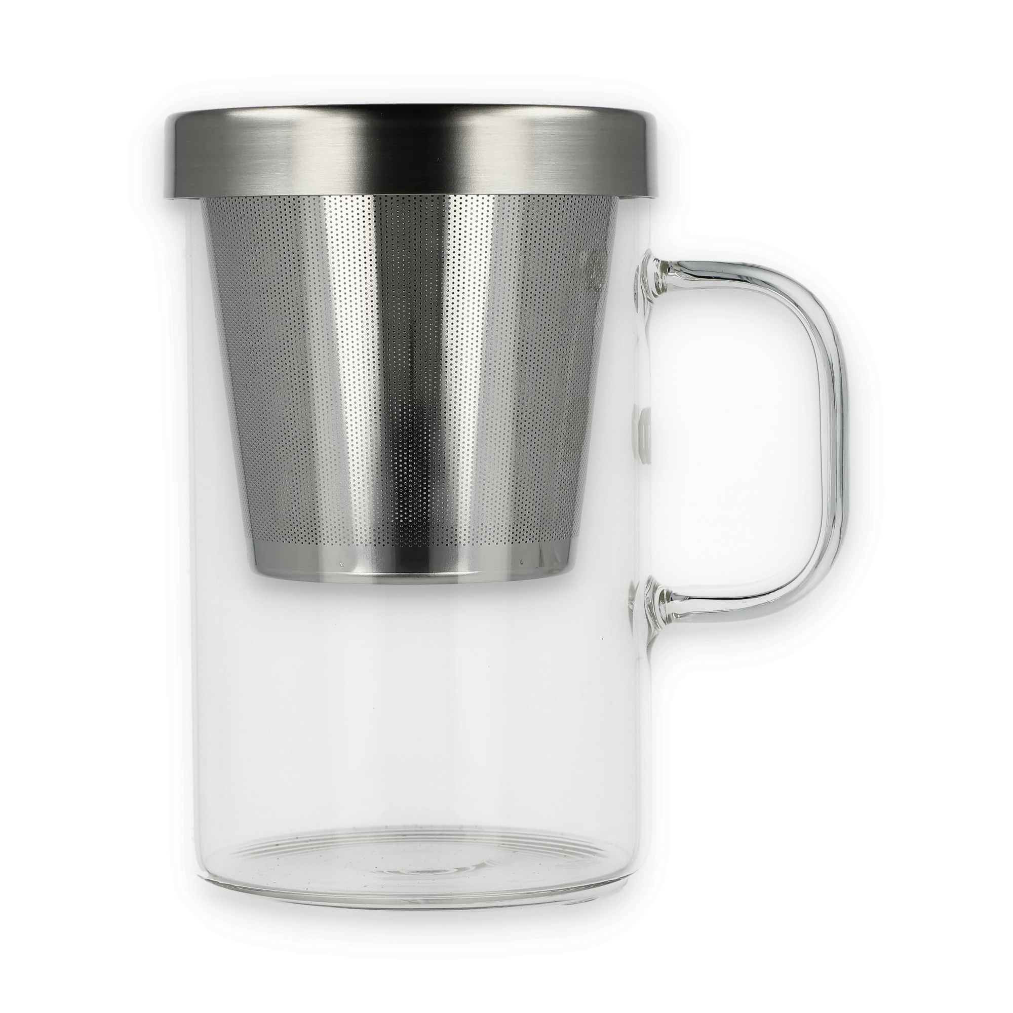 Transparenter Teebecher mit Edelstahl-Teesieb und passendem Deckel