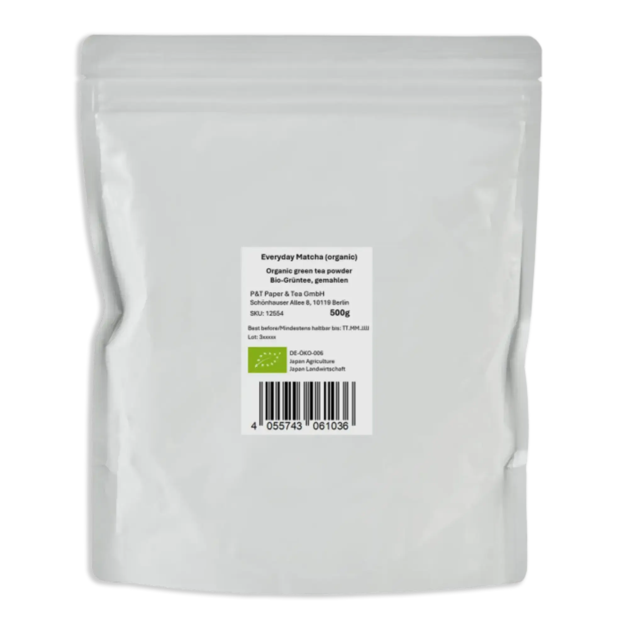 Weißer, mattierter Beutel mit P&T Everyday Matcha Bio-Grüntee und ökologischem Zertifikat