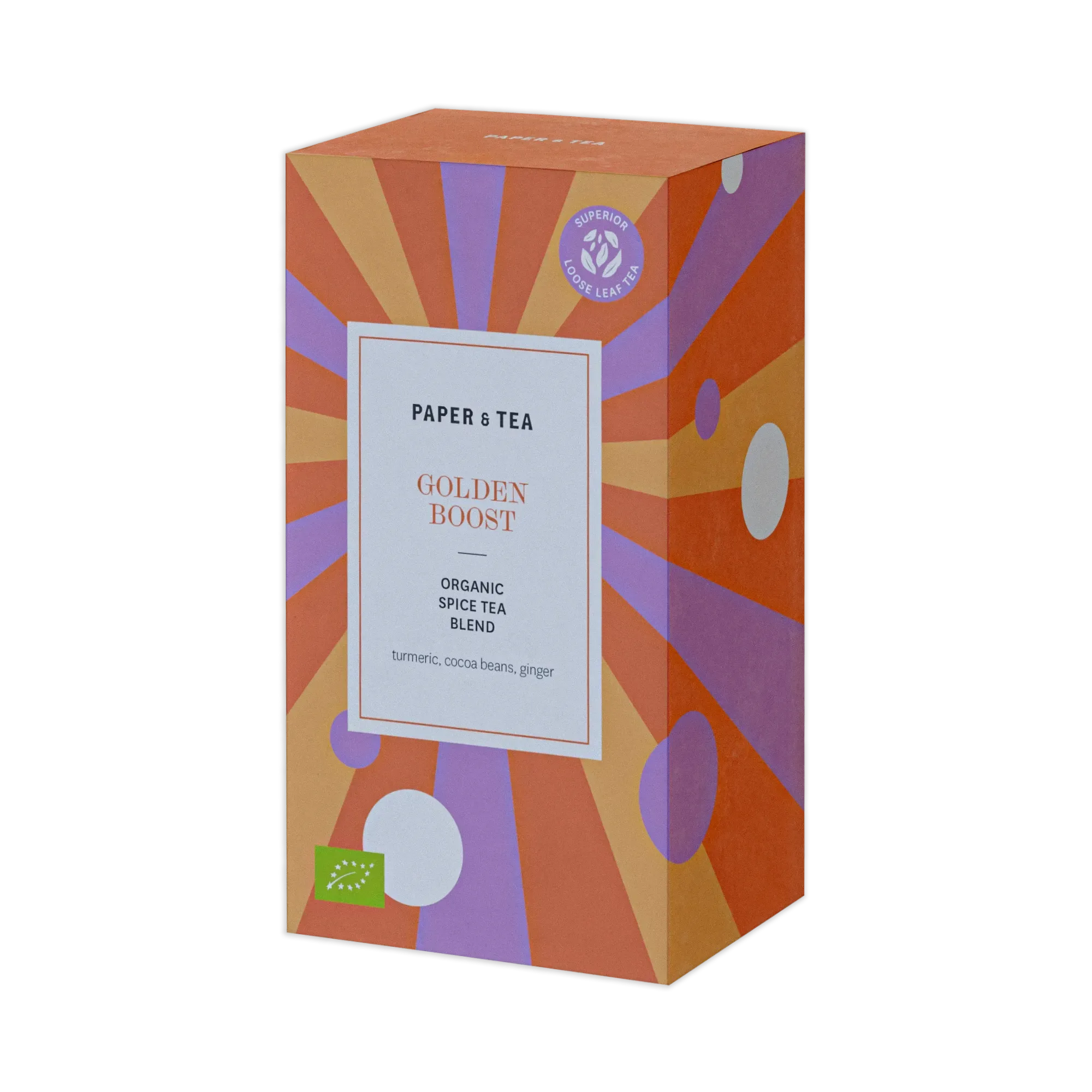 Bunte Verpackung von Golden Boost Bio-Gewürztee mit Kurkuma, Kakaobohnen und Ingwer von Paper & Tea.