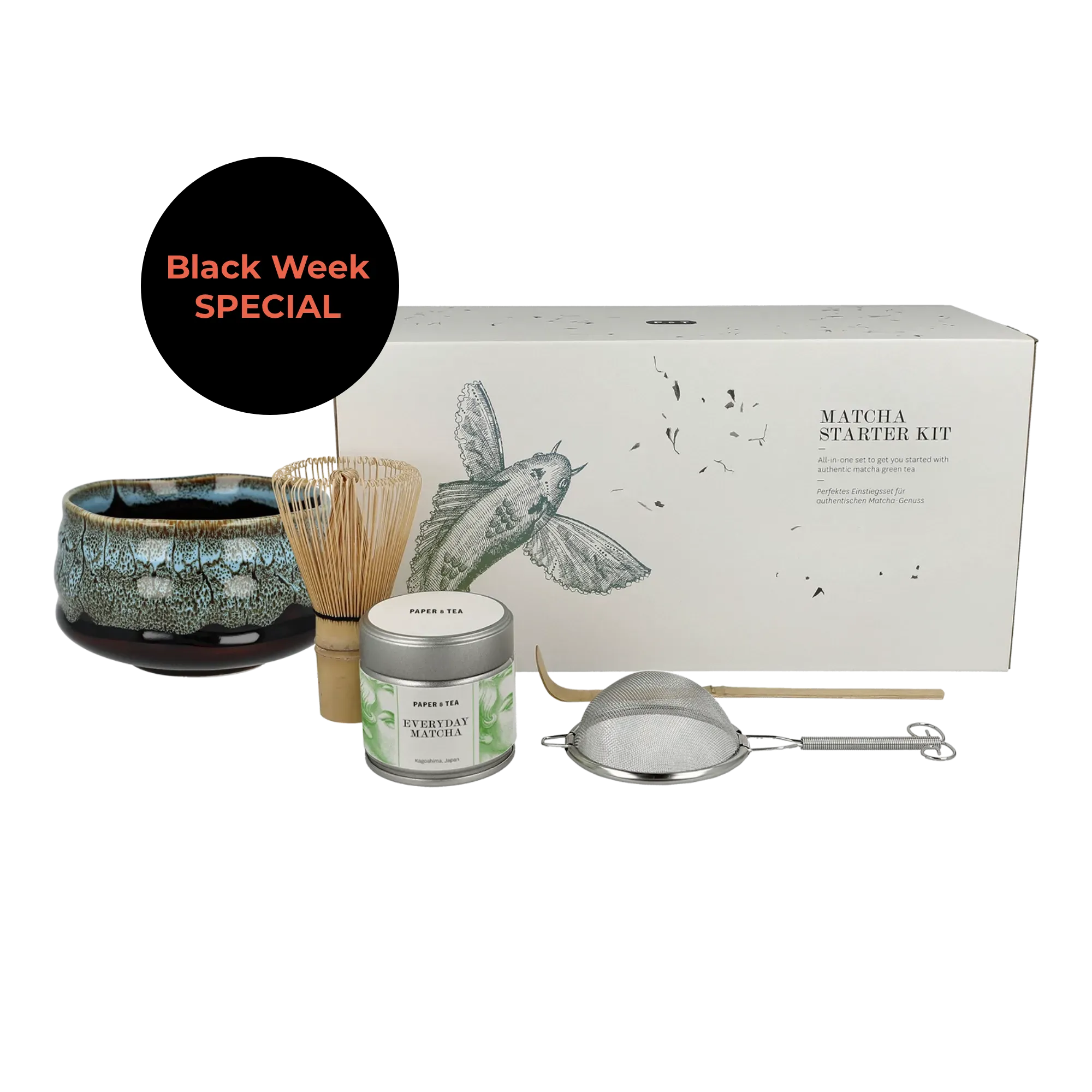 Matcha-Starter-Kit mit Kagoshima-Matcha, Keramikschale, Bambusbesen, Metallstreuer und Löffel.