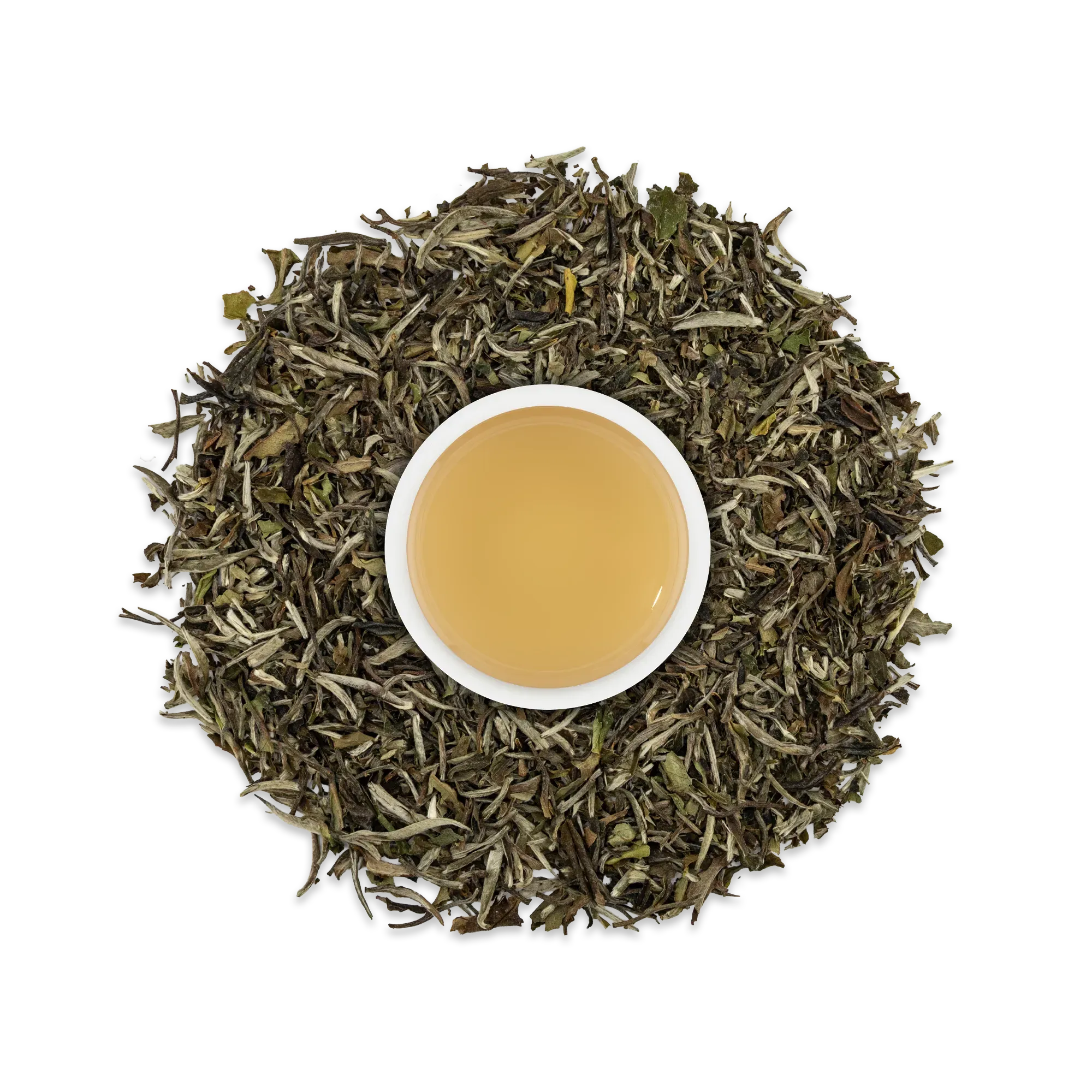 Weißer Keramikbecher mit goldfarbenem Tee und rundem Muster loser Teeblätter auf schwarzem Hintergrund