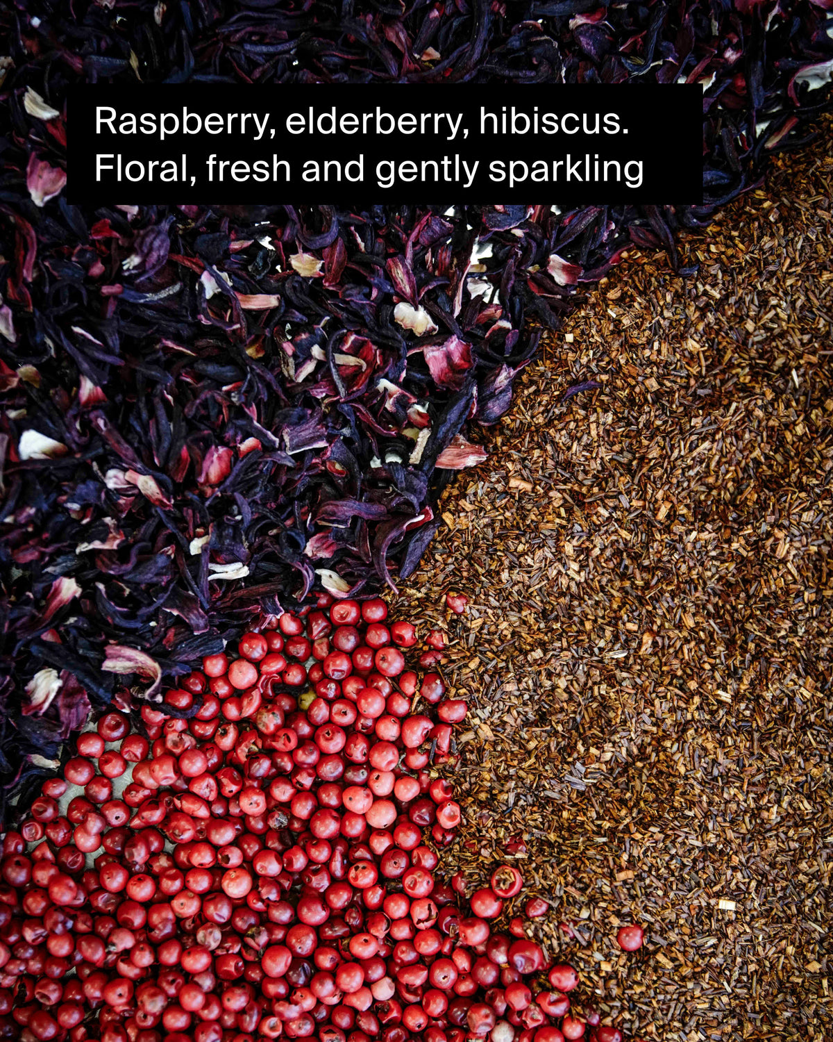 Nahaufnahme von getrockneten Hibiskusblüten und roten Holunderbeeren mit feinem Rooibos-Tee.
