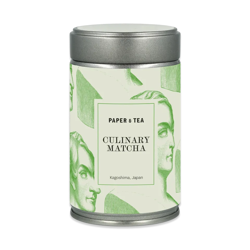 Silberne Metalldose mit cremefarbenem Etikett und Aufschrift 'Culinary Matcha aus Kagoshima, Japan'