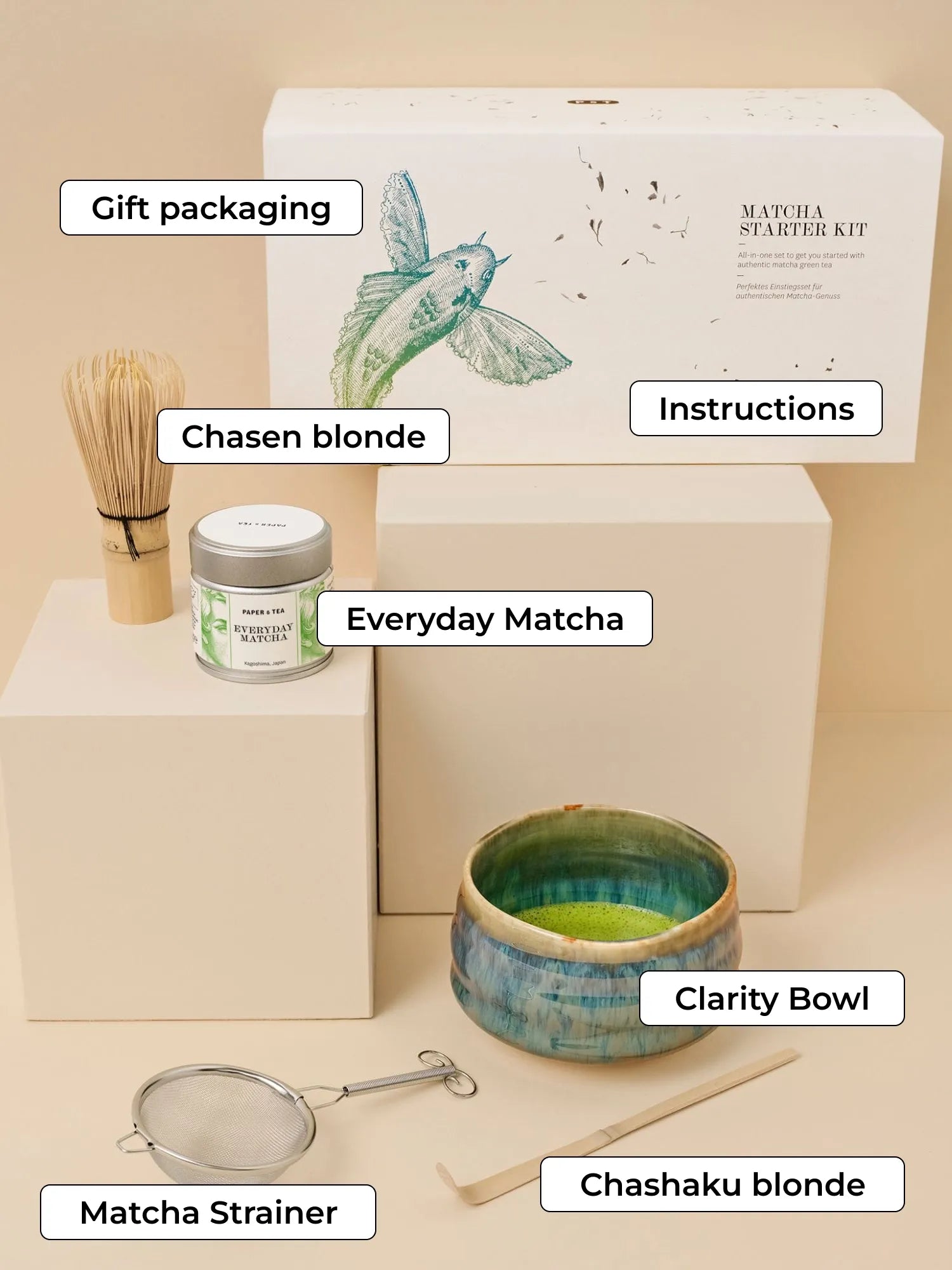 Elegantes Matcha-Set: weiße Geschenkbox, Bambusbesen, blaue Keramikschale & Matcha-Dose aus Kagoshima